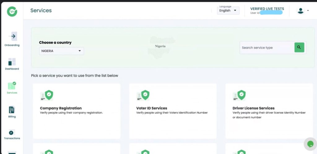 Services dashboard verified.africa, Verified.africa's test mode