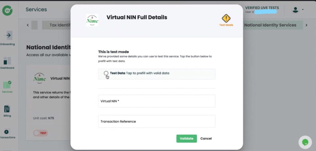 Virtual NIN service Verified africa. Verified.africa's test mode